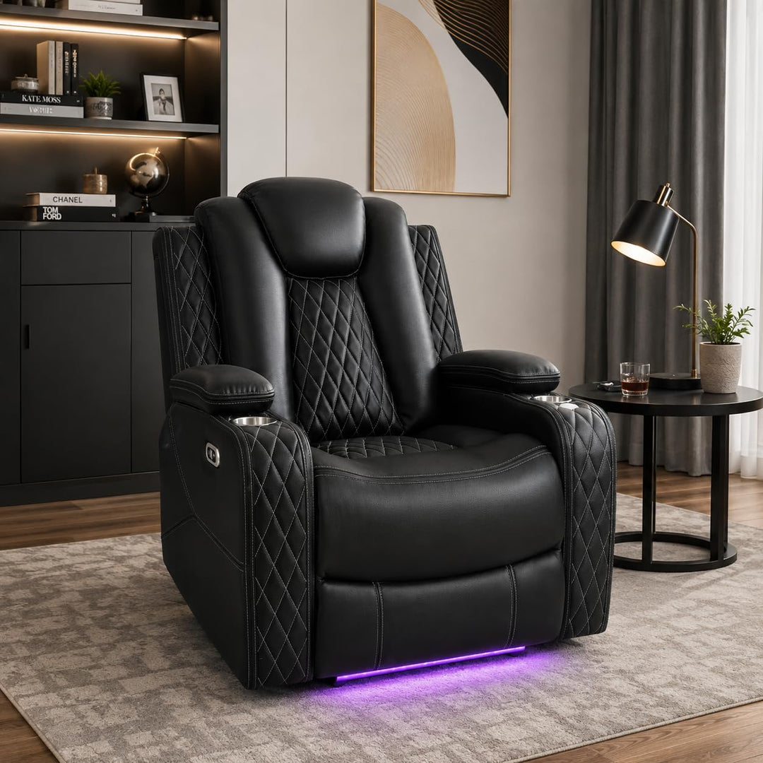 Chicago Power Recliner with LED Lights & USB Charging - Black