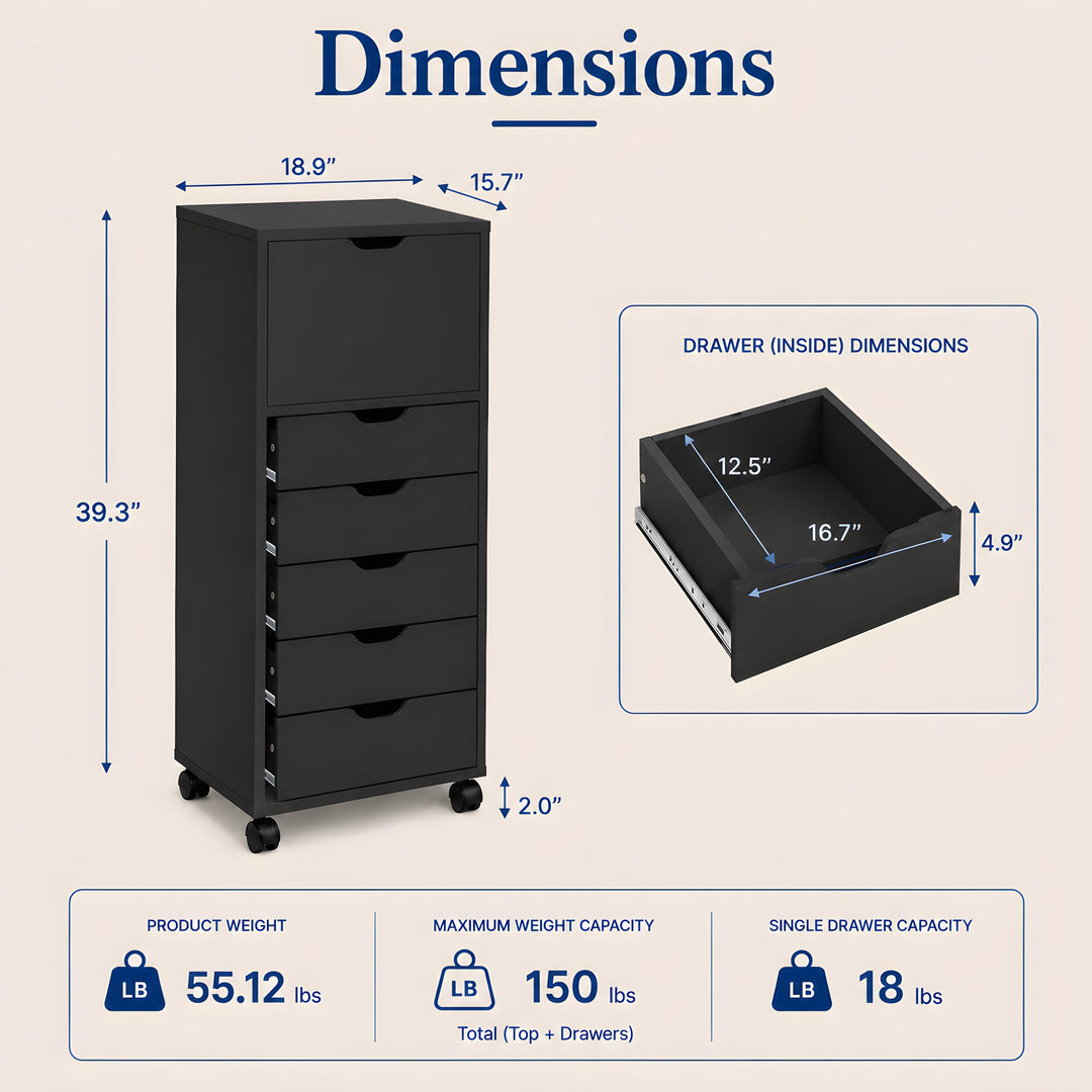 Carly 6-Drawer Storage Cabinet with Wheels - Black