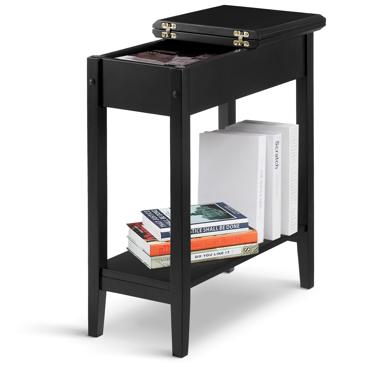 Roxy flip top chairside table   hidden storage with drawer & shelf   black