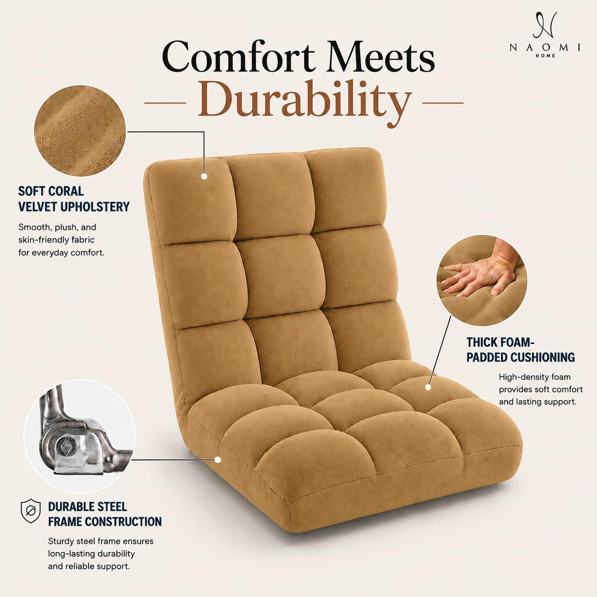 Desmond adjustable floor chair with 14 reclining positions   tan