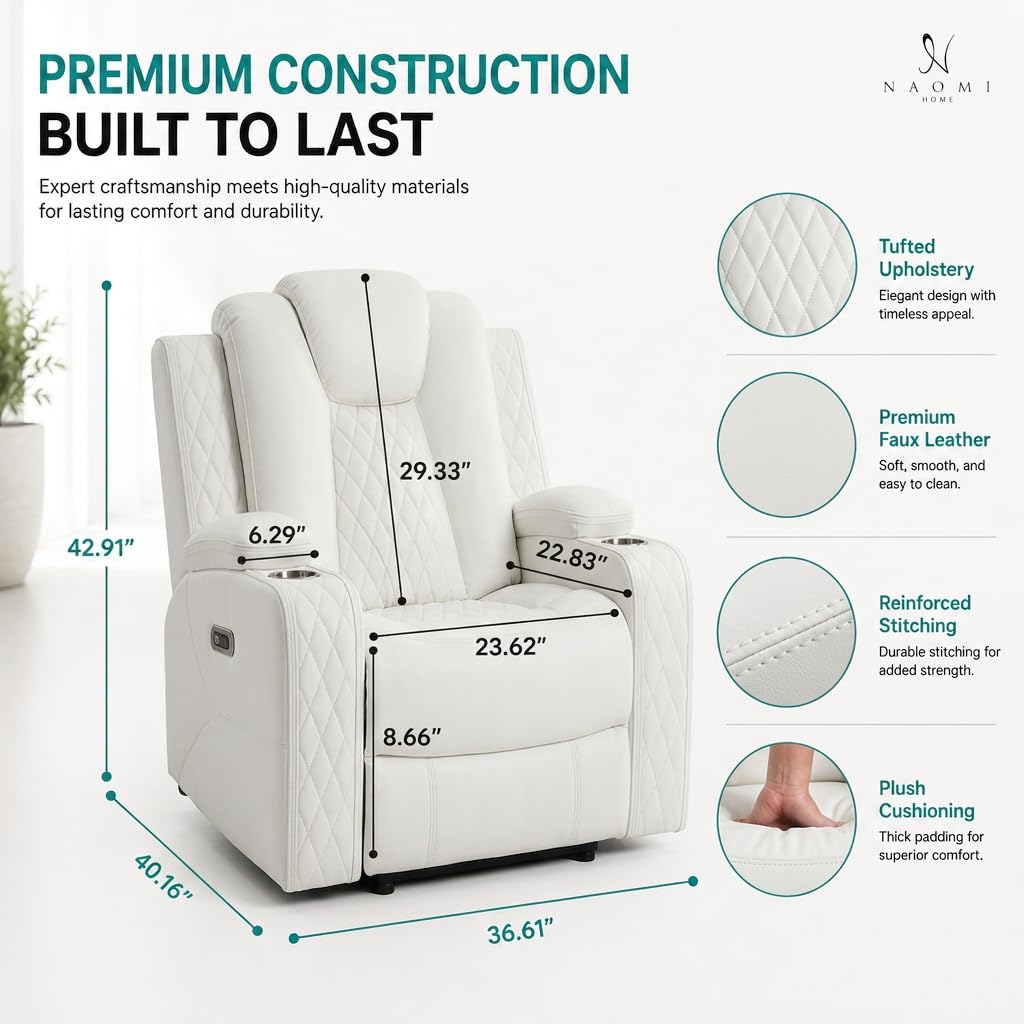 Chicago Power Recliner with LED Lights & USB Charging - White