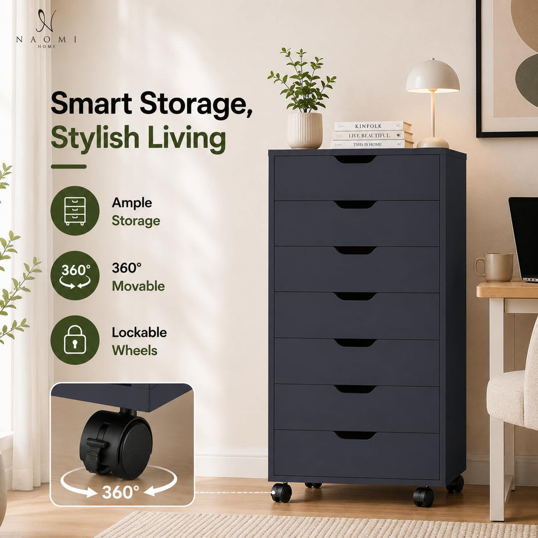 Debbie 7-Drawer Storage Cabinet with Wheels & Tabletop - Black