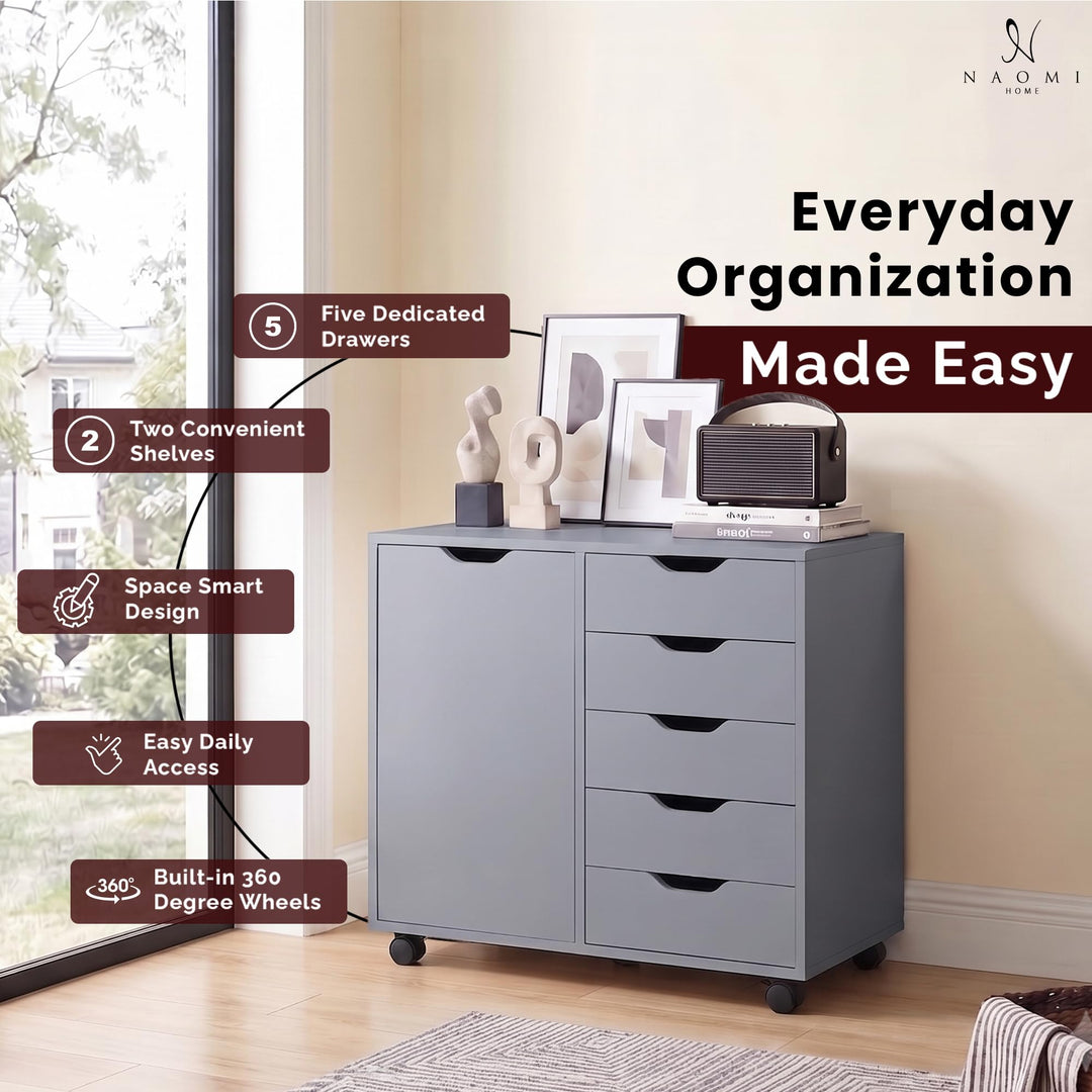 Amy 5-Drawer Storage Cabinet with 2 Shelves & Wheels - Gray