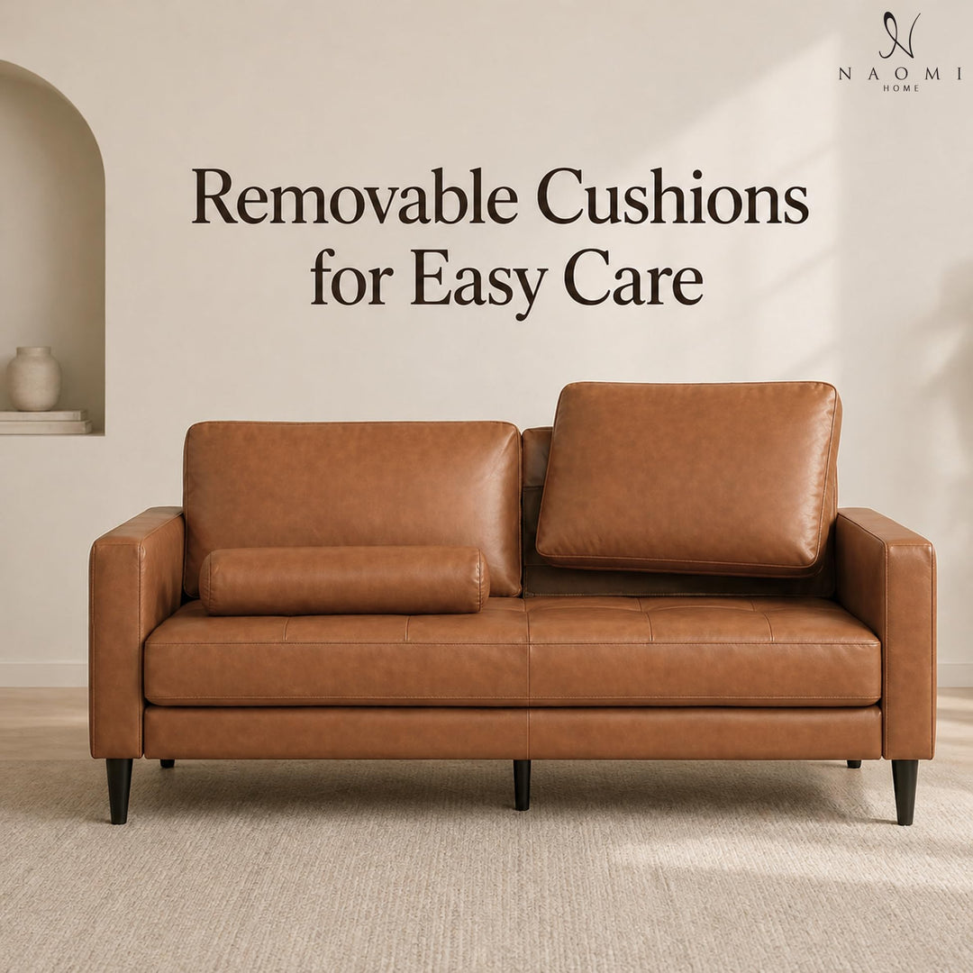 Marisa Genuine Leather Mid-Century Sofa with Bolster Pillows