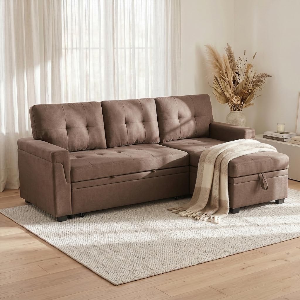 Laura 84" L-Shaped Sleeper Sectional Sofa with Storage Chaise - Mocha / Velvet