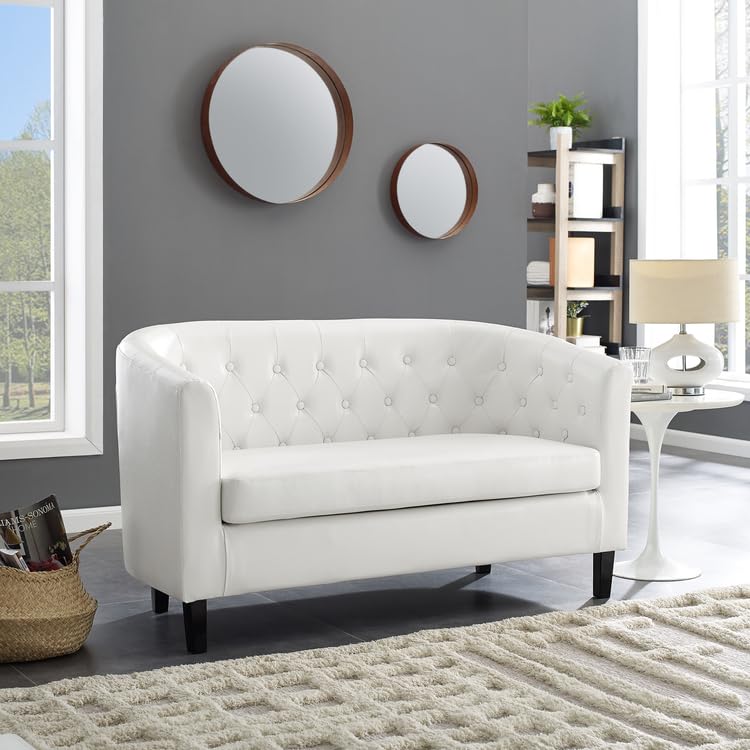 Emma tufted barrel loveseat with faux leather upholstery   white
