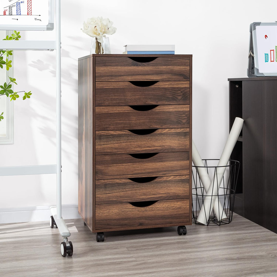 Debbie 7-Drawer Storage Cabinet with Wheels & Tabletop - Brown Oak