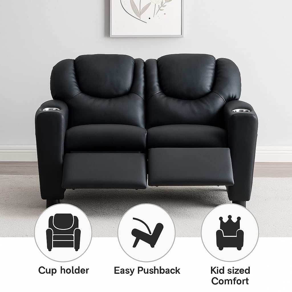 Suri Kids Recliner Loveseat with Dual Cup Holders - Black / Pvc
