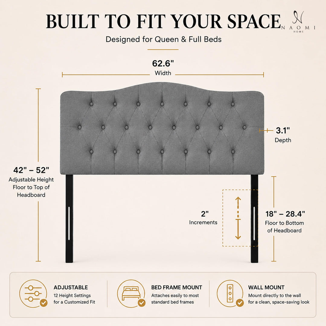 Cassandra Adjustable Upholstered Headboard for Full Queen - Light Gray
