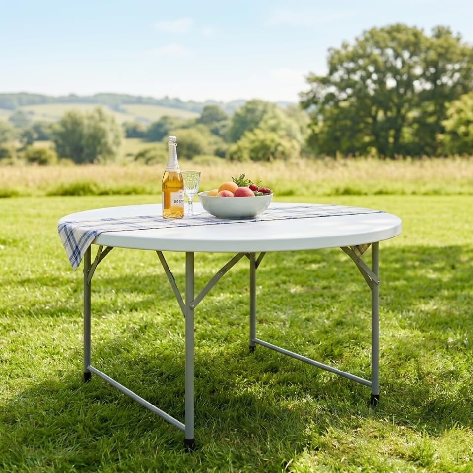 5 Ft Round Bi-Fold Resin Folding Table with Carrying Handle