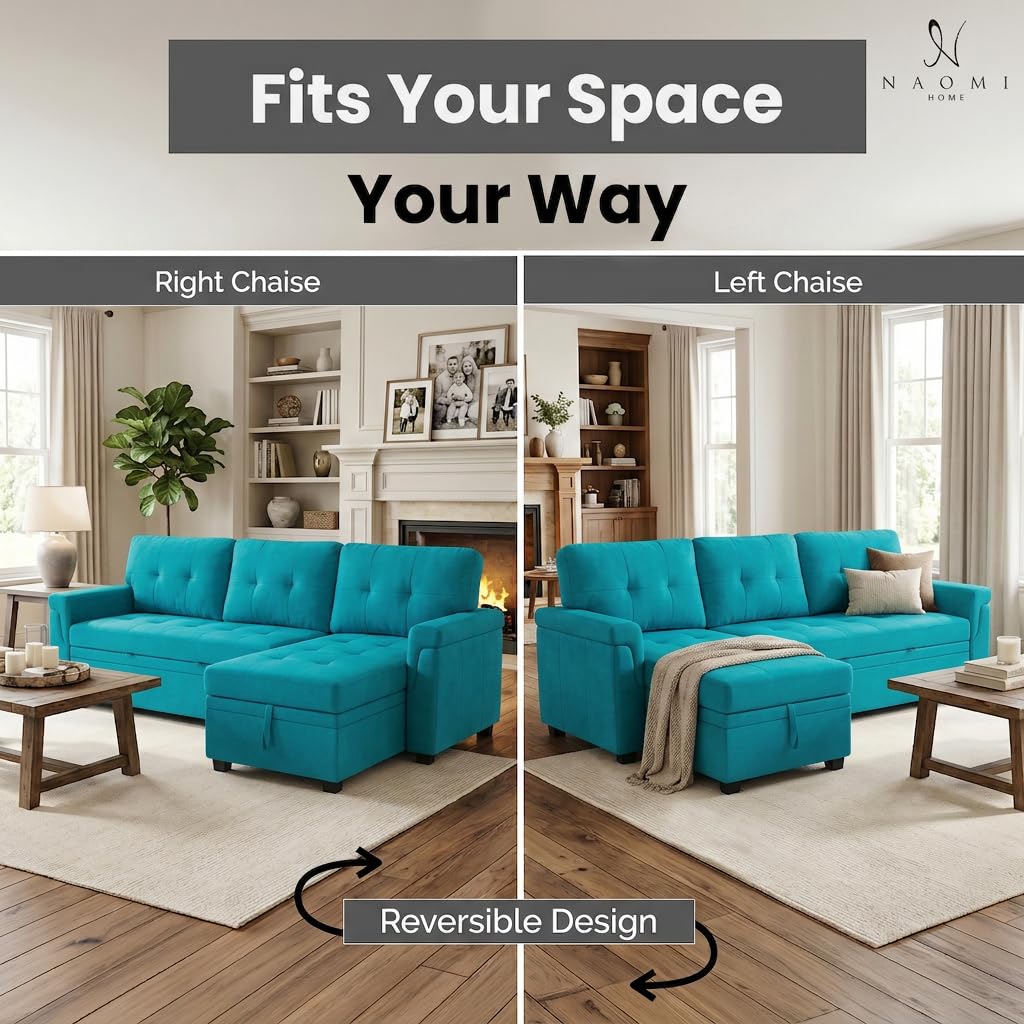 Laura 84" L-Shaped Sleeper Sectional Sofa with Storage Chaise - Teal / Velvet