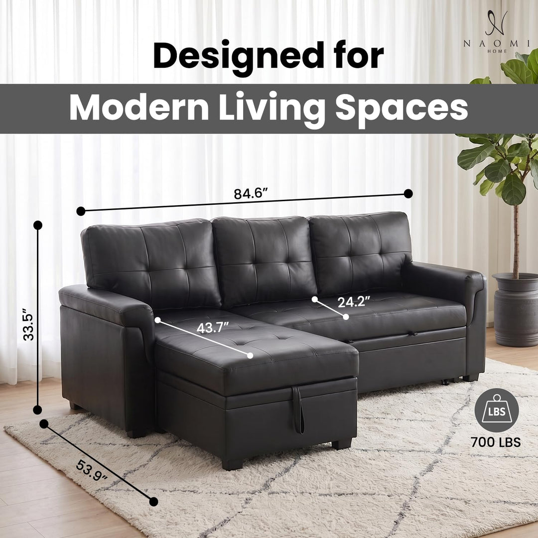 Laura 84" L-Shaped Sleeper Sectional Sofa with Storage Chaise - Black / Air Leather