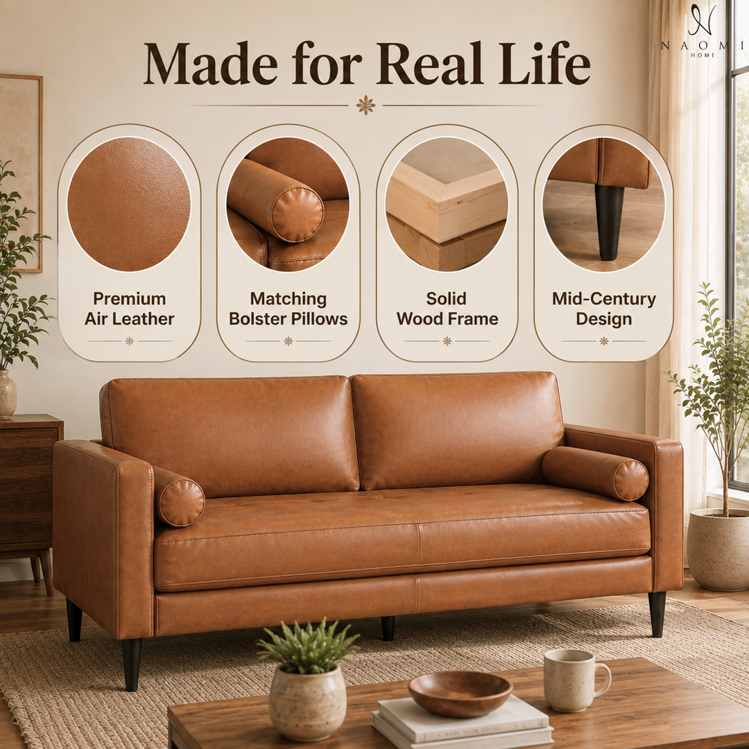 Velonie Air Leather Mid-Century Sofa with Bolster Pillows
