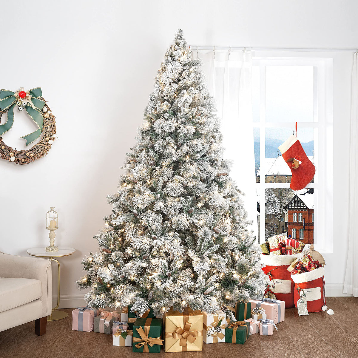 Glasgow snow flocked pre lit pine christmas tree   7