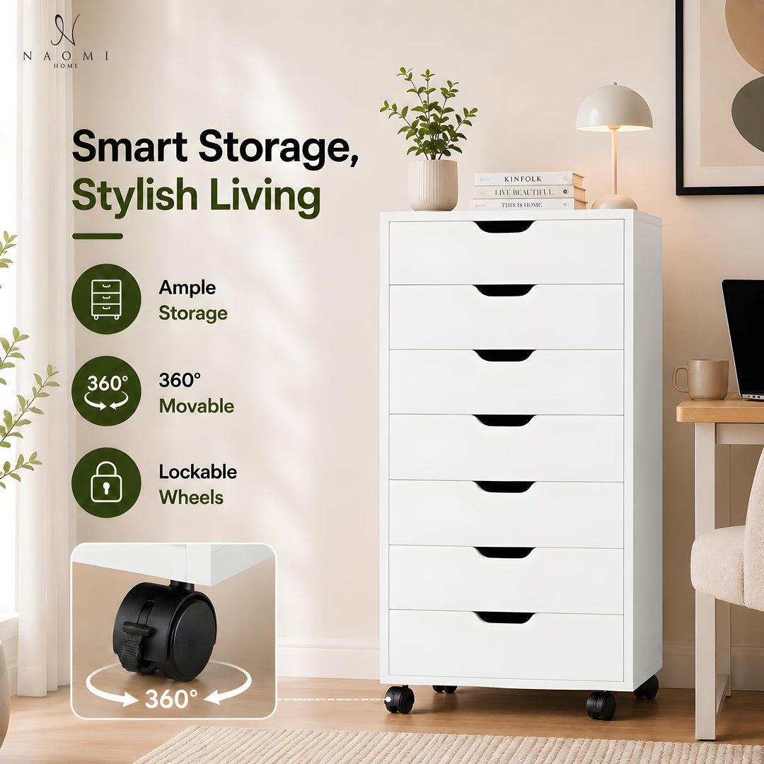 Debbie 7-Drawer Storage Cabinet with Wheels & Tabletop - White