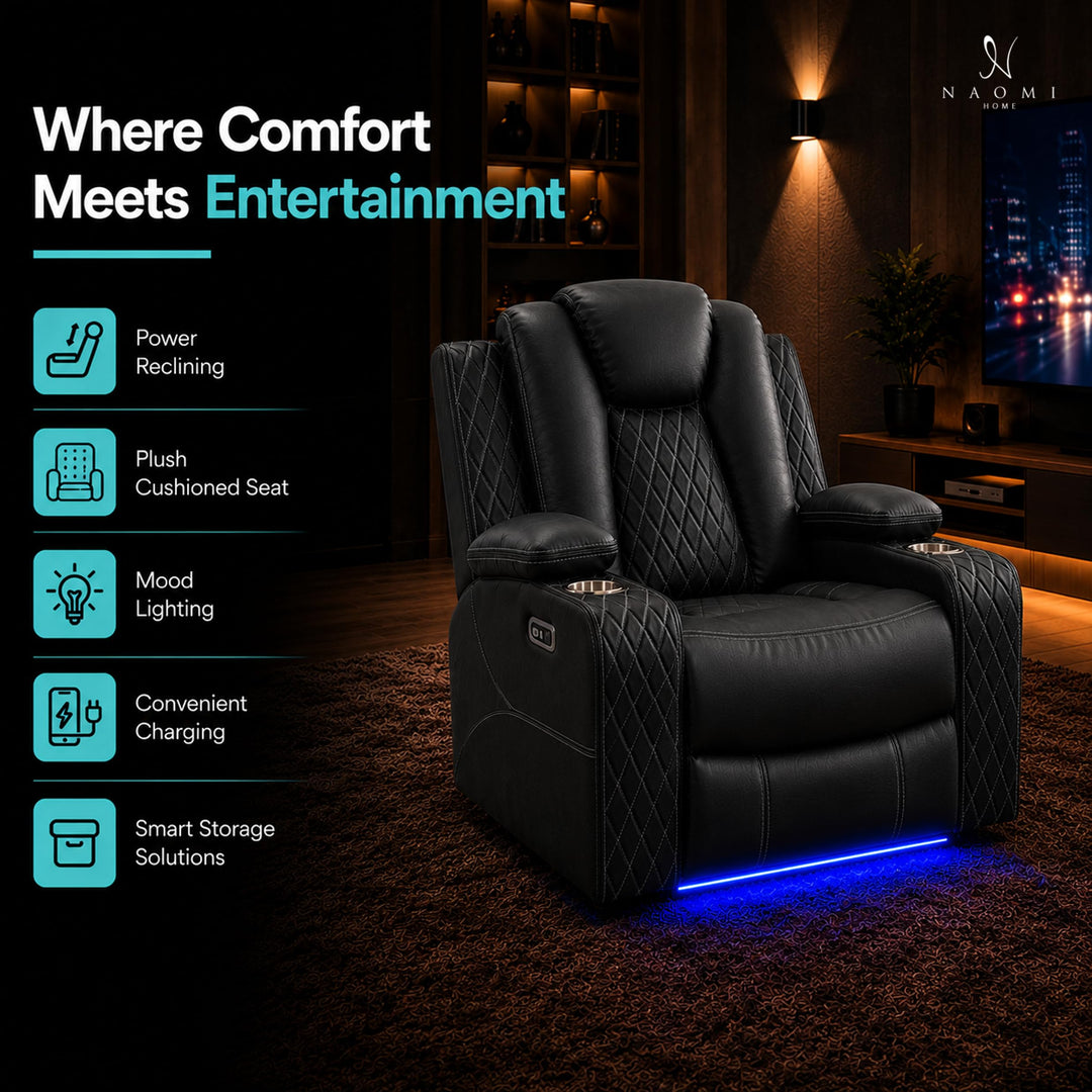 Chicago Power Recliner with LED Lights & USB Charging - Black
