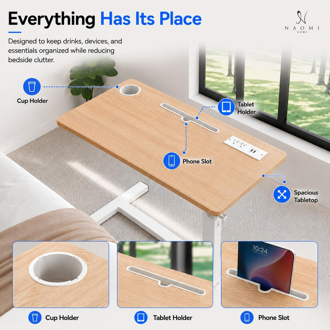 Adjustable Overbed Table with Charging Station - Natural / White