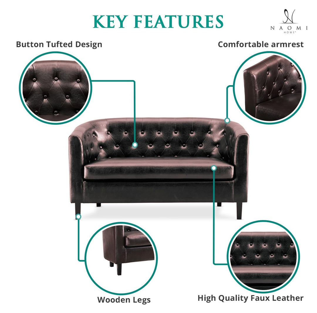 Emma Tufted Barrel Loveseat with Faux Leather Upholstery