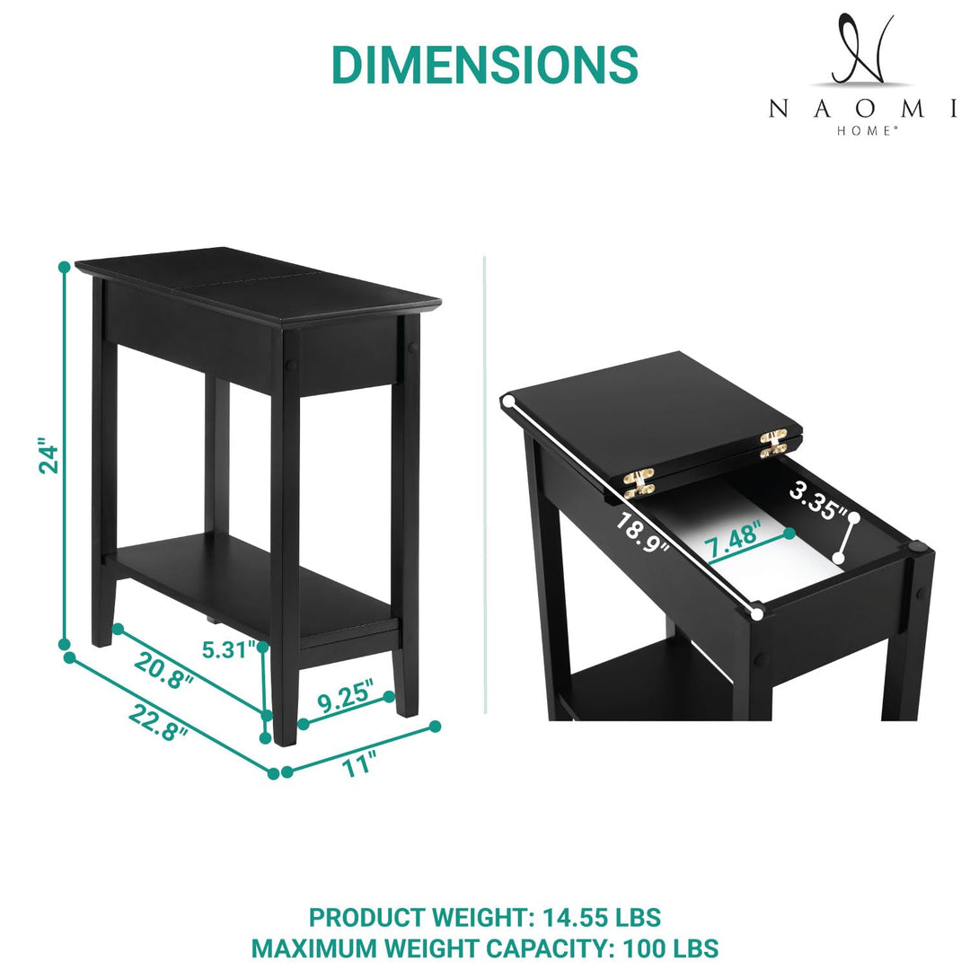 Roxy Flip Top Chairside Table - Hidden Storage with Drawer & Shelf - Black