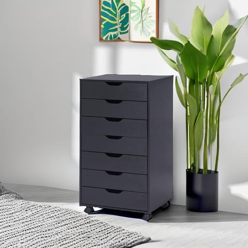 Debbie 7-Drawer Storage Cabinet with Wheels & Tabletop - Black