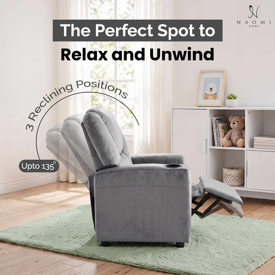 Suri Push Back Kids Recliner with Footrest & Cup Holders - Gray / Microfiber