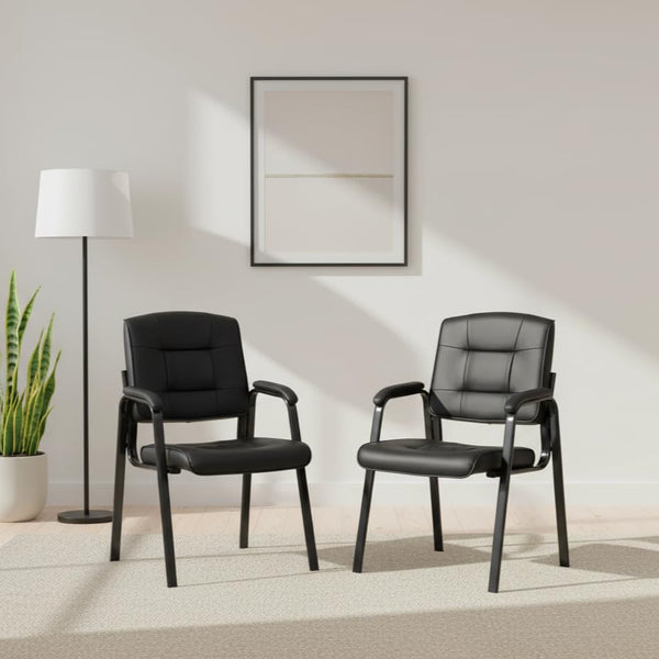 Mindy Reception Chair - Faux Leather Upholstery with Padded Arms - Black / Set of 2