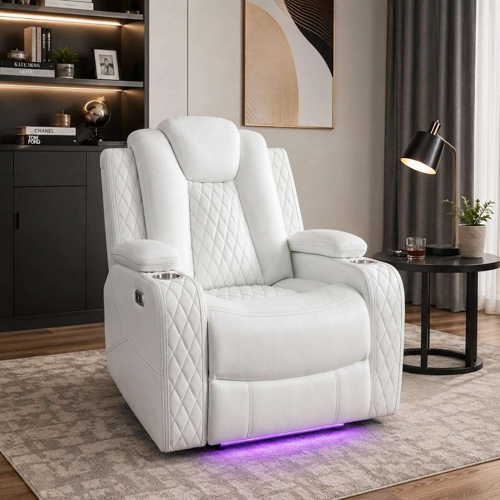 Chicago Power Recliner with LED Lights & USB Charging - White