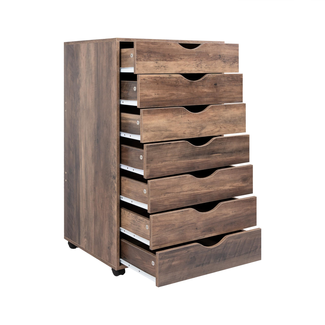 Debbie 7-Drawer Storage Cabinet with Wheels & Tabletop - Brown Oak