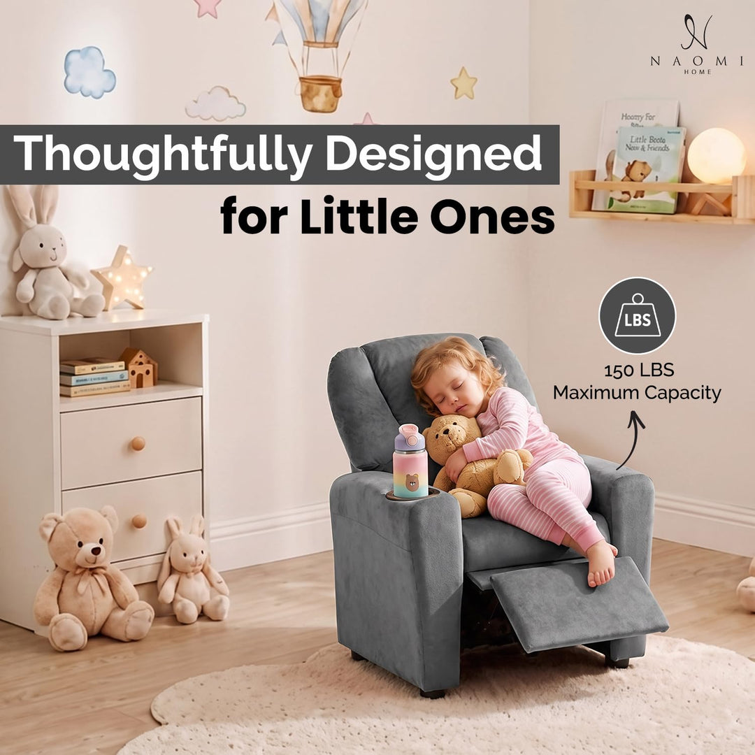 Suri Push Back Kids Recliner with Footrest & Cup Holders - Gray / Microfiber