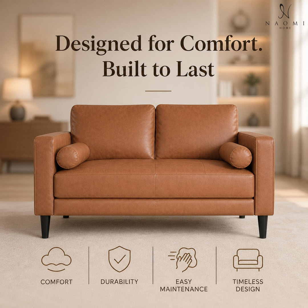 Marisa Genuine Leather Mid-Century Loveseat with Bolster Pillows
