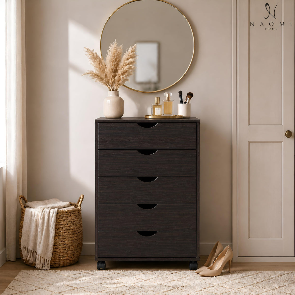 Taylor 5 drawer storage cabinet with wheels & tabletop   espresso