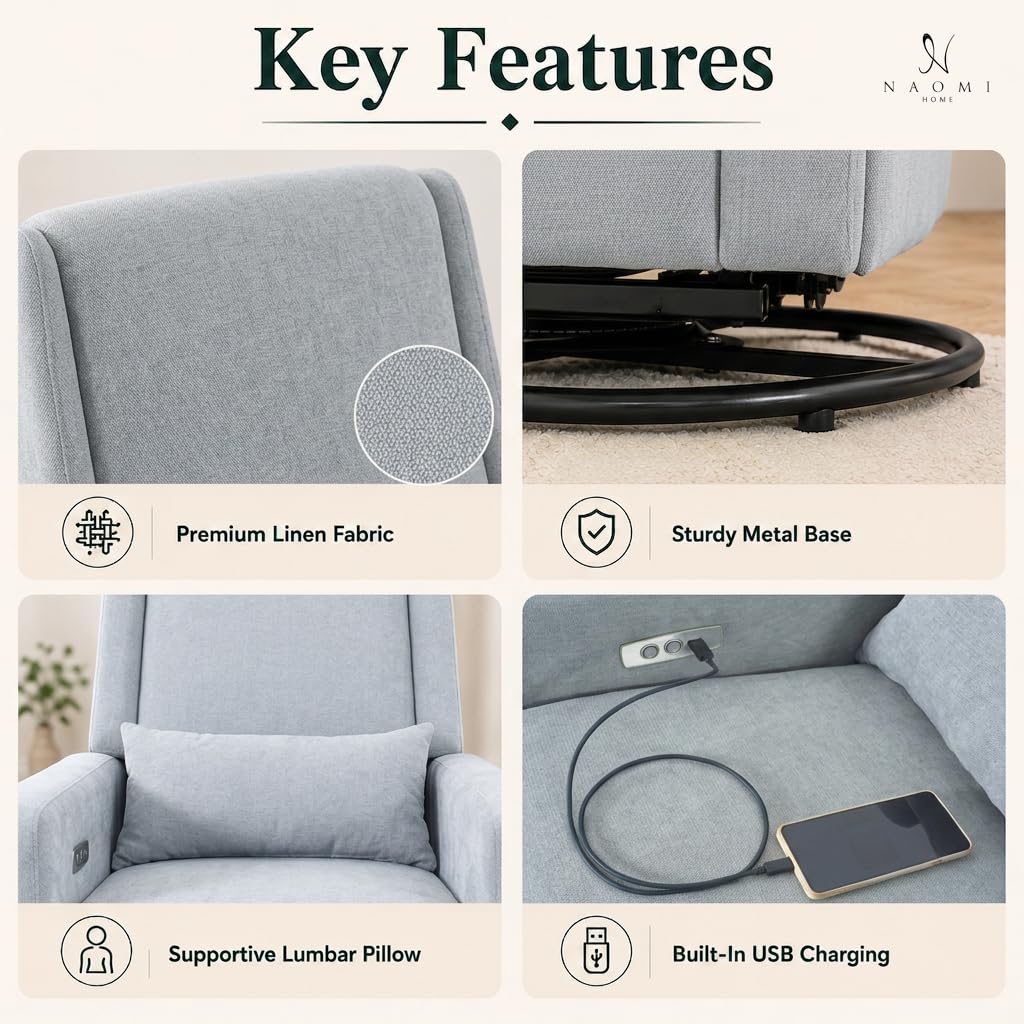 Tanya Power Swivel Glider Recliner with USB Port - Light Gray