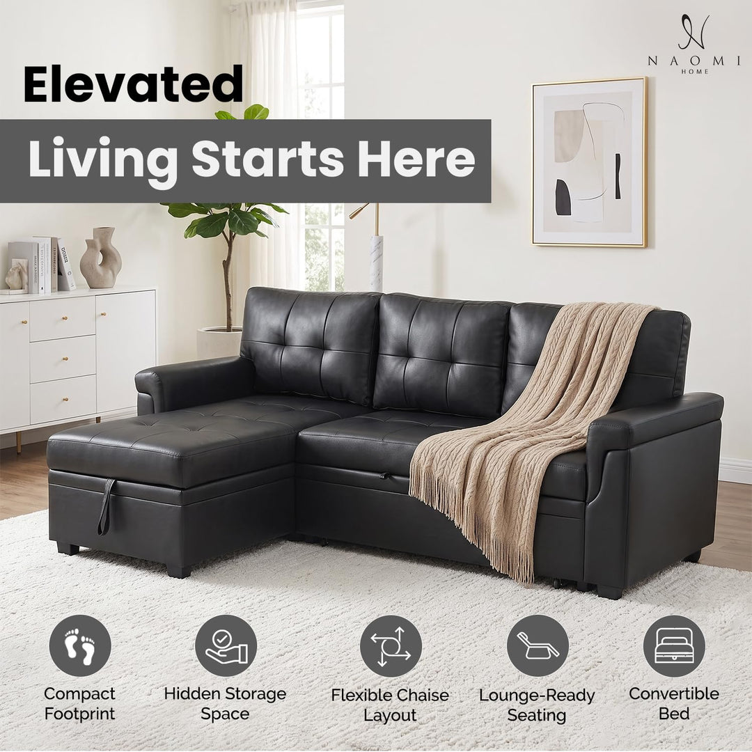 Laura 84" L-Shaped Sleeper Sectional Sofa with Storage Chaise - Black / Air Leather