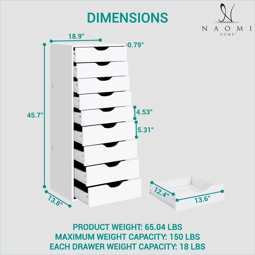 Bianca 9-Drawer Vertical Storage Cabinet with Tabletop - White