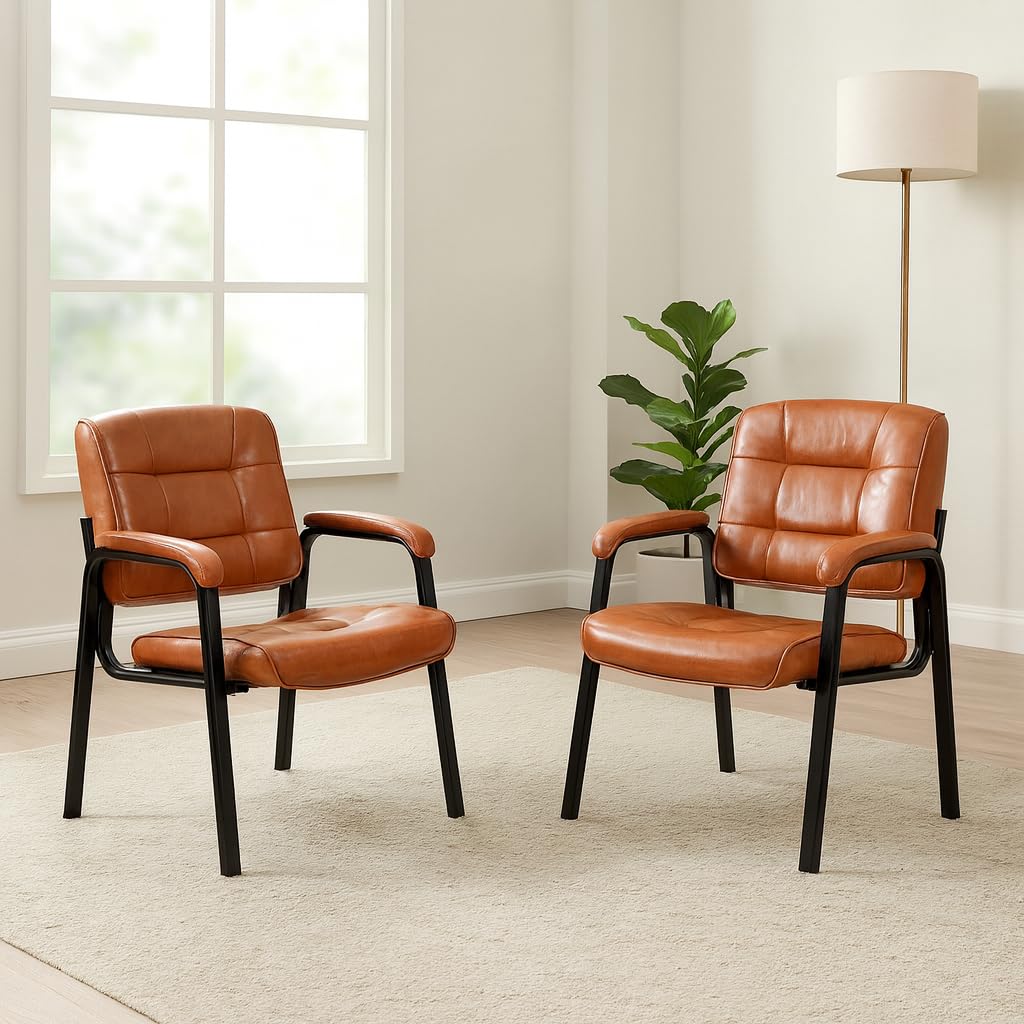 Mindy Reception Chair - Faux Leather Upholstery with Padded Arms - Caramel / Set of 2