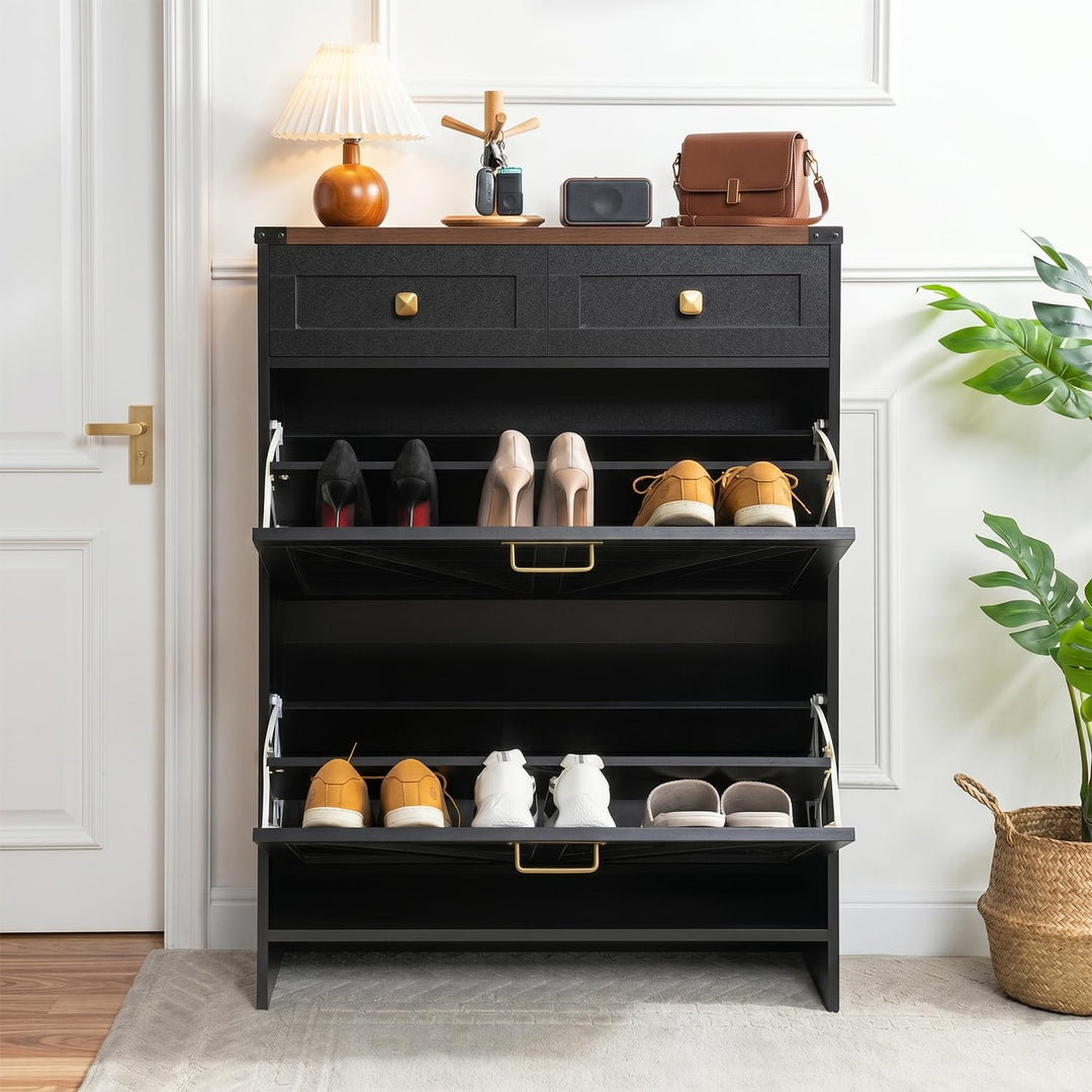 Berenice Farmhouse Shoe Cabinet with 2 Flip Drawers - Black