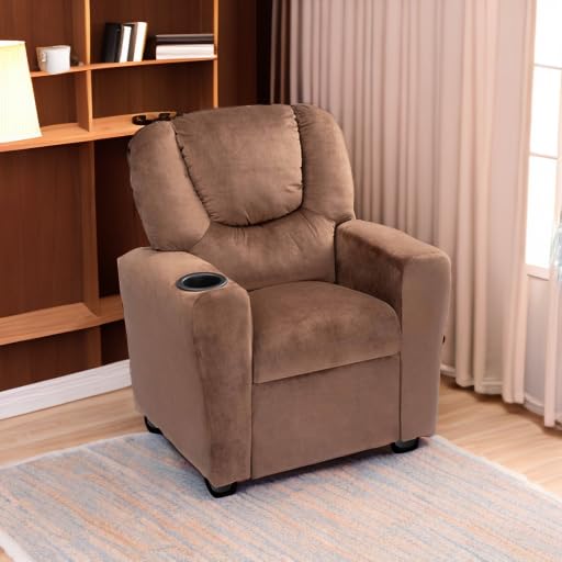 Suri Push Back Kids Recliner with Footrest & Cup Holders - Brown / Microfiber