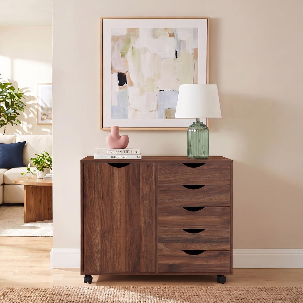 Amy 5 drawer storage cabinet with 2 shelves & wheels   brown oak