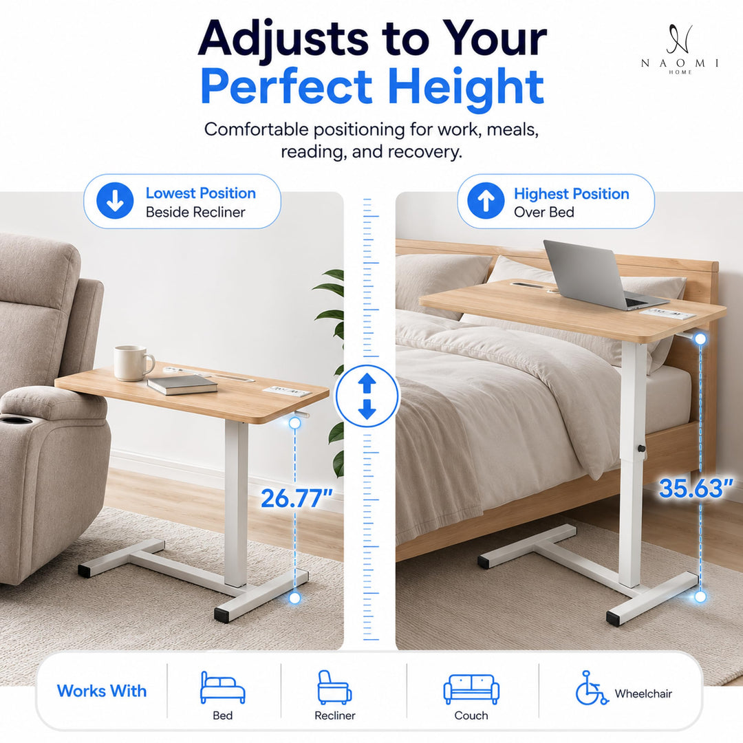 Adjustable Overbed Table with Charging Station - Natural / White