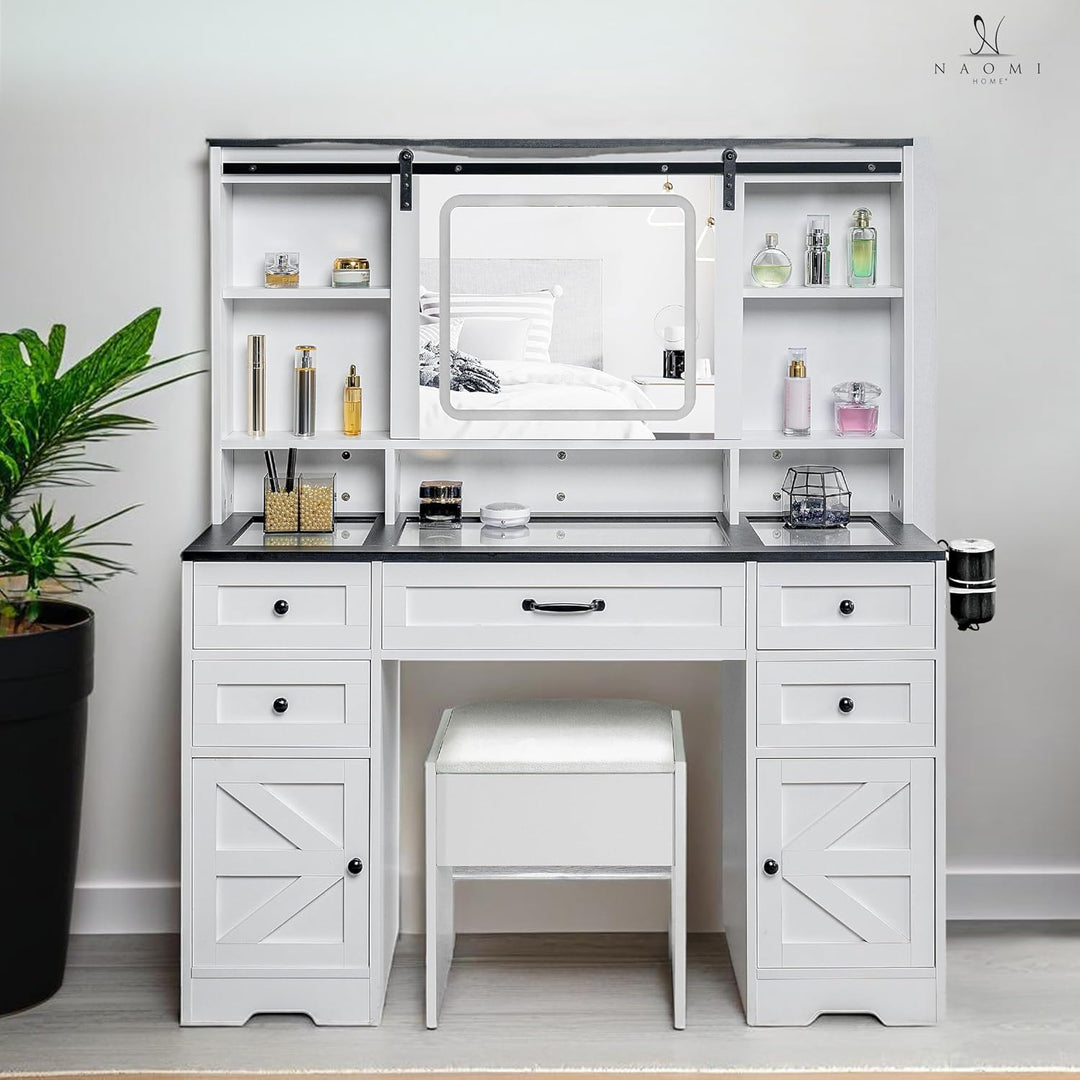 Vanya Makeup Vanity with Sliding LED Mirror & Charging – White