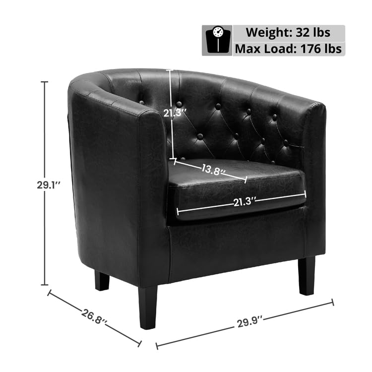 Emma Set of 2 Button-Tufted Faux Leather Barrel Chairs - Black