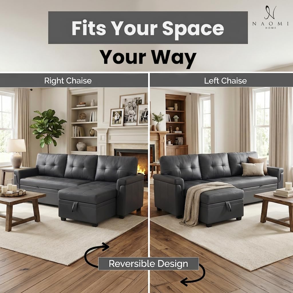 Laura 84" L-Shaped Sleeper Sectional Sofa with Storage Chaise - Dark Gray / Air Leather