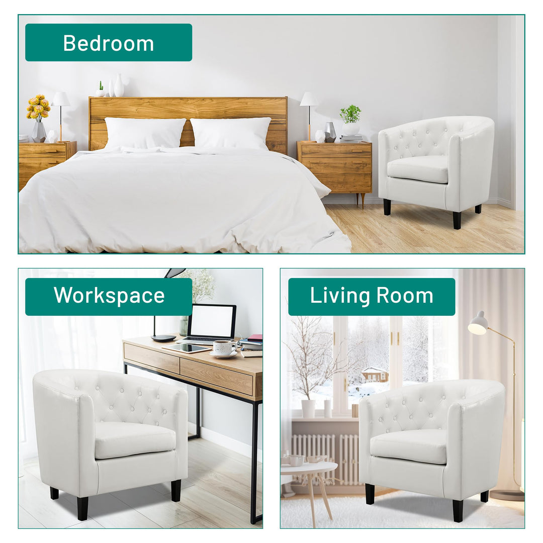 Emma Set of 2 Button-Tufted Faux Leather Barrel Chairs - White