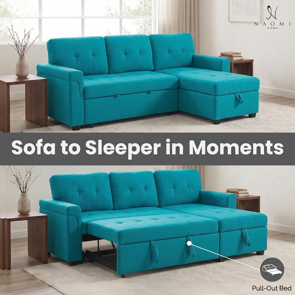 Laura 84" L-Shaped Sleeper Sectional Sofa with Storage Chaise - Teal / Velvet
