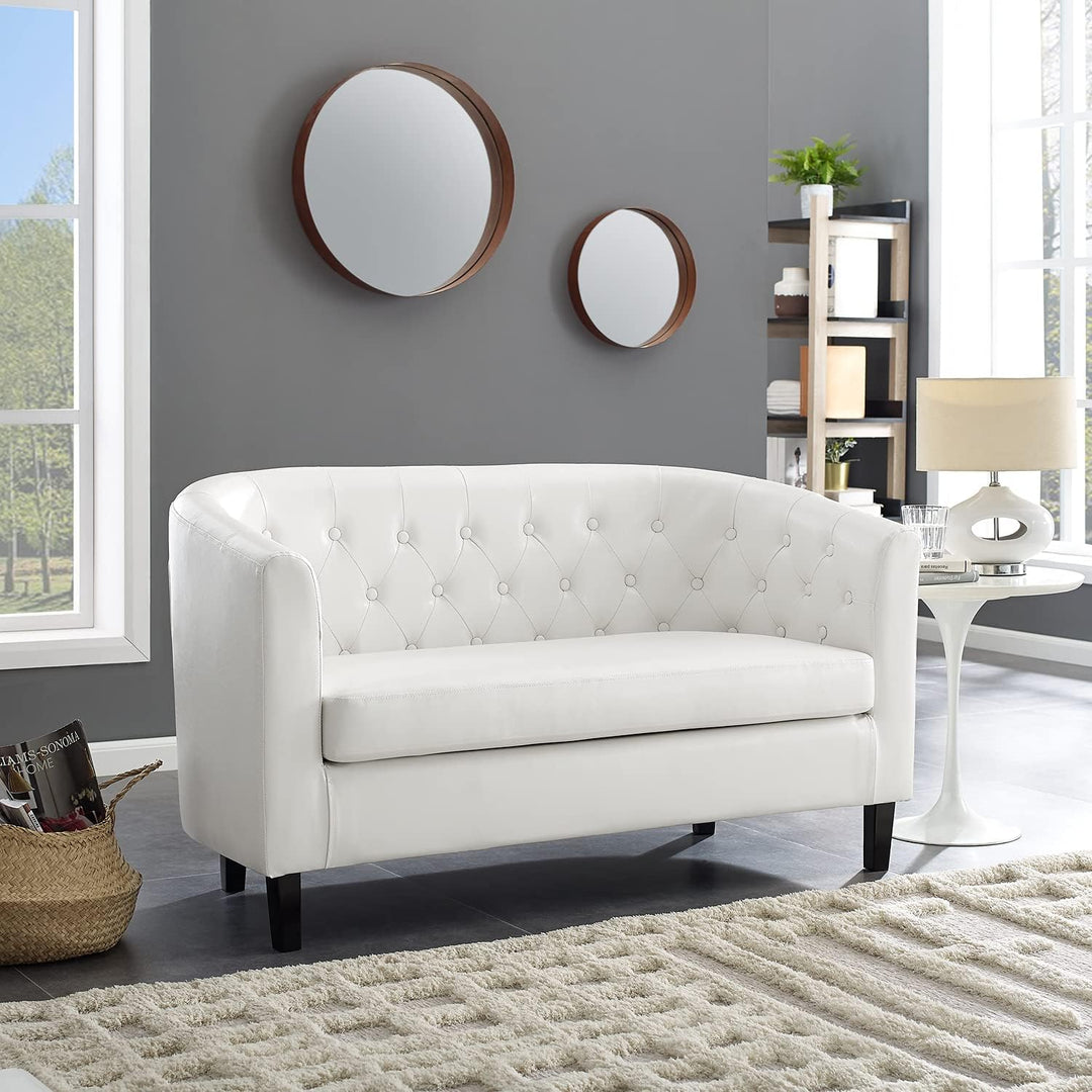 Emma Tufted Barrel Loveseat with Faux Leather Upholstery - White
