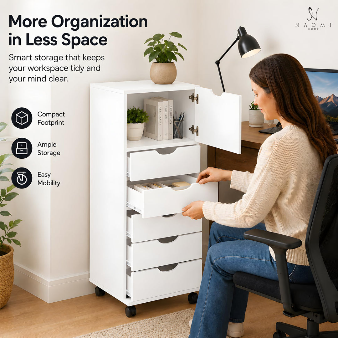 Carly 6-Drawer Storage Cabinet with Wheels - White