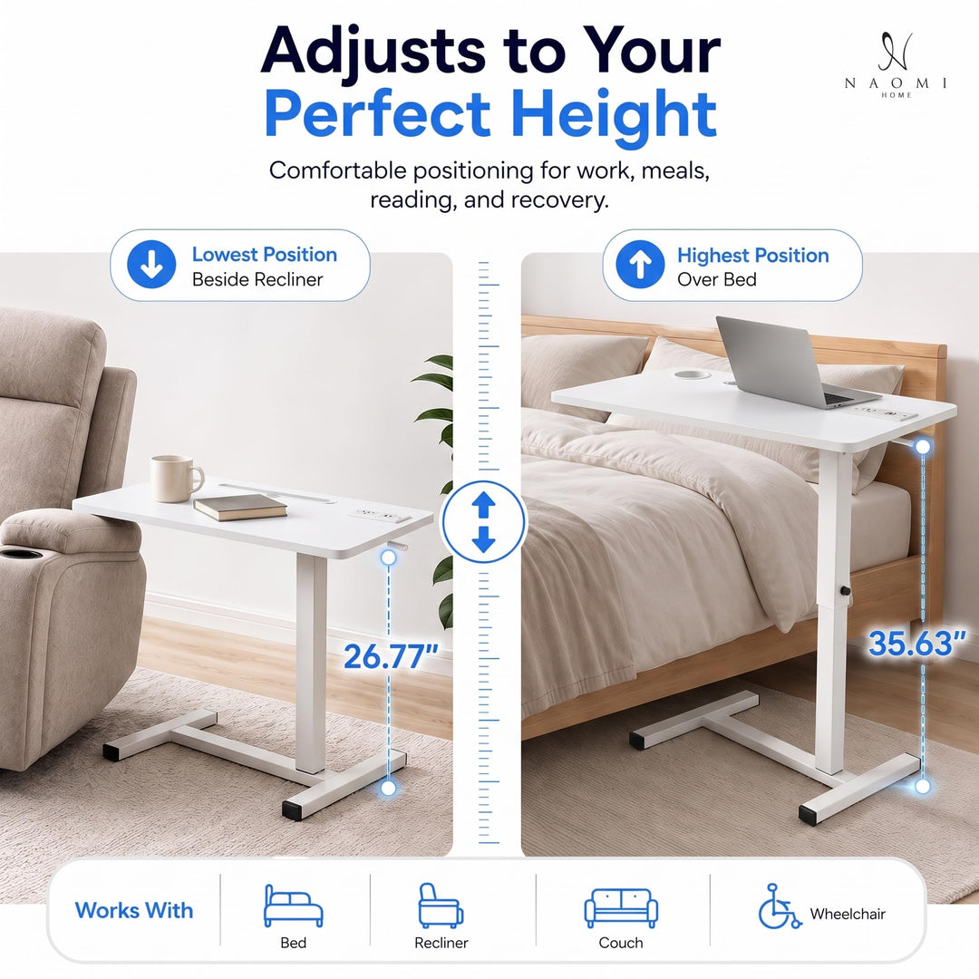 Adjustable Overbed Table with Charging Station - White / White