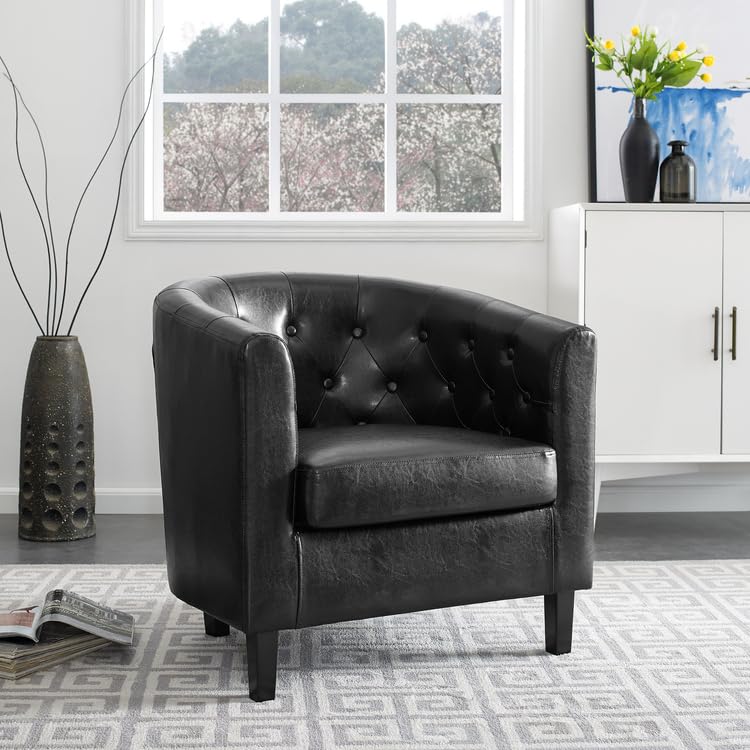 Emma Set of 2 Button-Tufted Faux Leather Barrel Chairs - Black