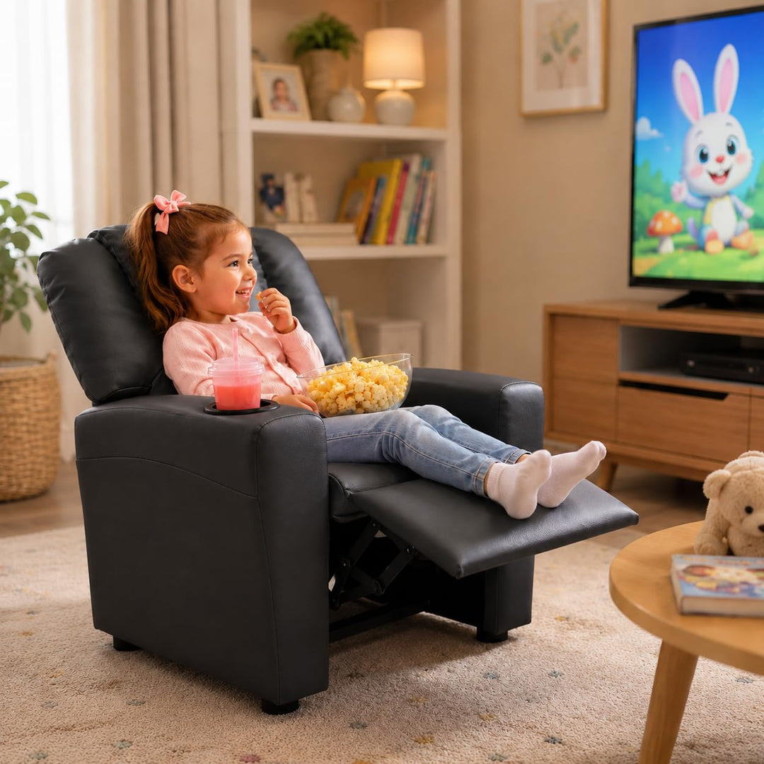 Suri Push Back Kids Recliner with Footrest & Cup Holders - Black / Pvc
