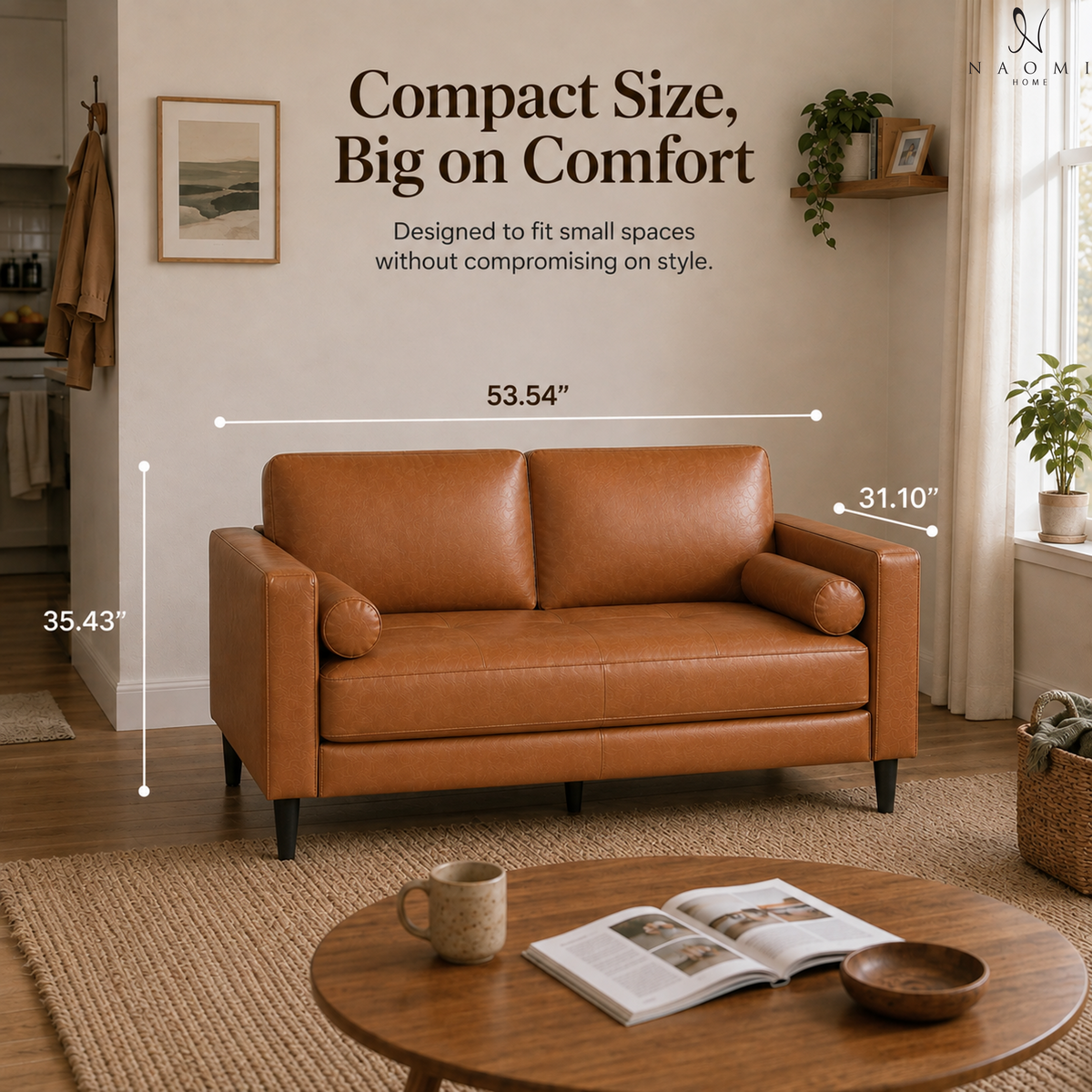 Velonie air leather mid century loveseat with bolster pillows
